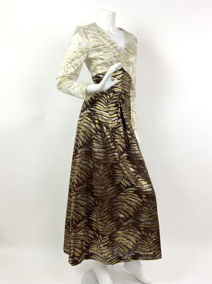 VTG 60s 70s CREAM BROWN METALLIC GOLD SILVER FERN STUDIO 54 DISCO MAXI DRESS 10