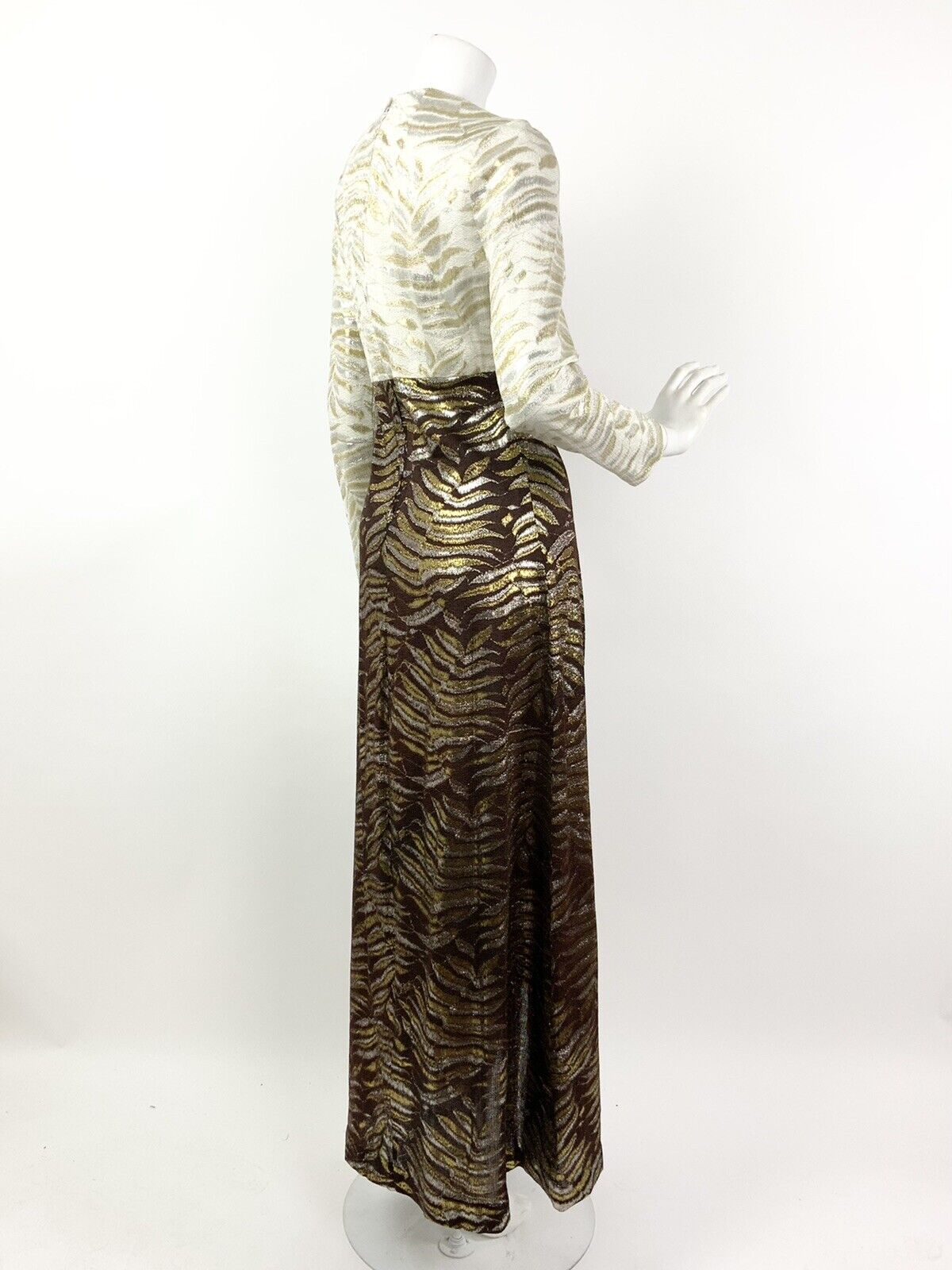 VTG 60s 70s CREAM BROWN METALLIC GOLD SILVER FERN STUDIO 54 DISCO MAXI DRESS 10