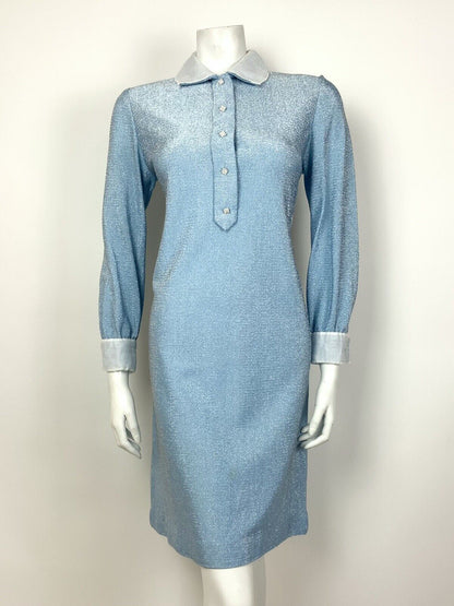 VTG MOD 60s 70s BABY BLUE SILVER LUREX BERMUDA COLLAR DIAMANTE SHIRT DRESS 10 12