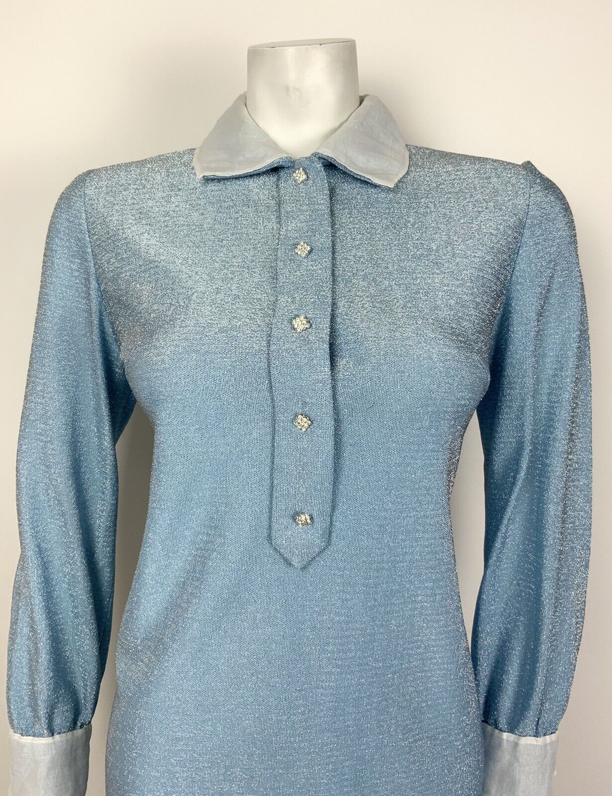 VTG MOD 60s 70s BABY BLUE SILVER LUREX BERMUDA COLLAR DIAMANTE SHIRT DRESS 10 12