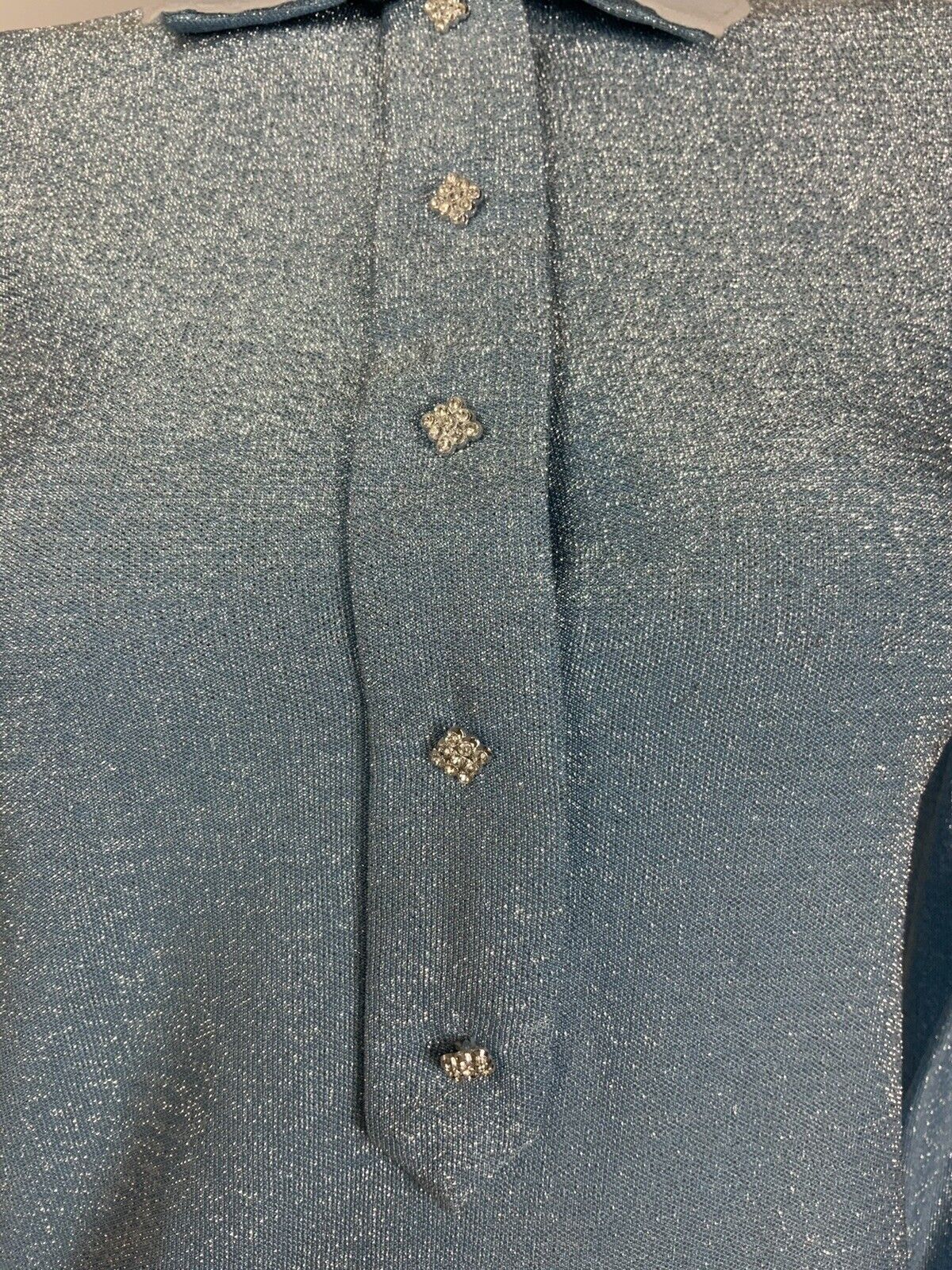 VTG MOD 60s 70s BABY BLUE SILVER LUREX BERMUDA COLLAR DIAMANTE SHIRT DRESS 10 12