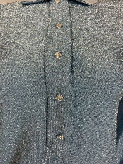 VTG MOD 60s 70s BABY BLUE SILVER LUREX BERMUDA COLLAR DIAMANTE SHIRT DRESS 10 12