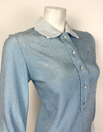 VTG MOD 60s 70s BABY BLUE SILVER LUREX BERMUDA COLLAR DIAMANTE SHIRT DRESS 10 12