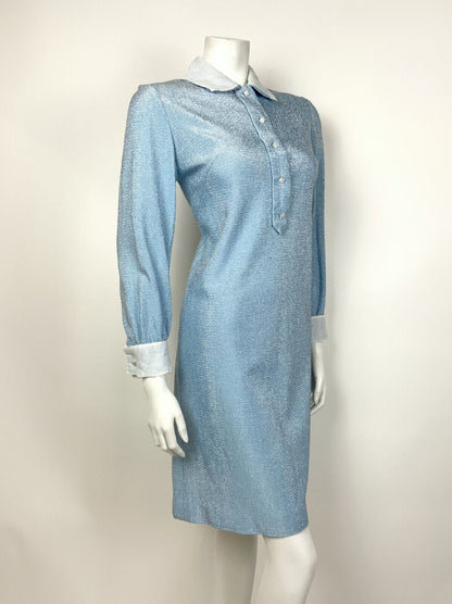 VTG MOD 60s 70s BABY BLUE SILVER LUREX BERMUDA COLLAR DIAMANTE SHIRT DRESS 10 12