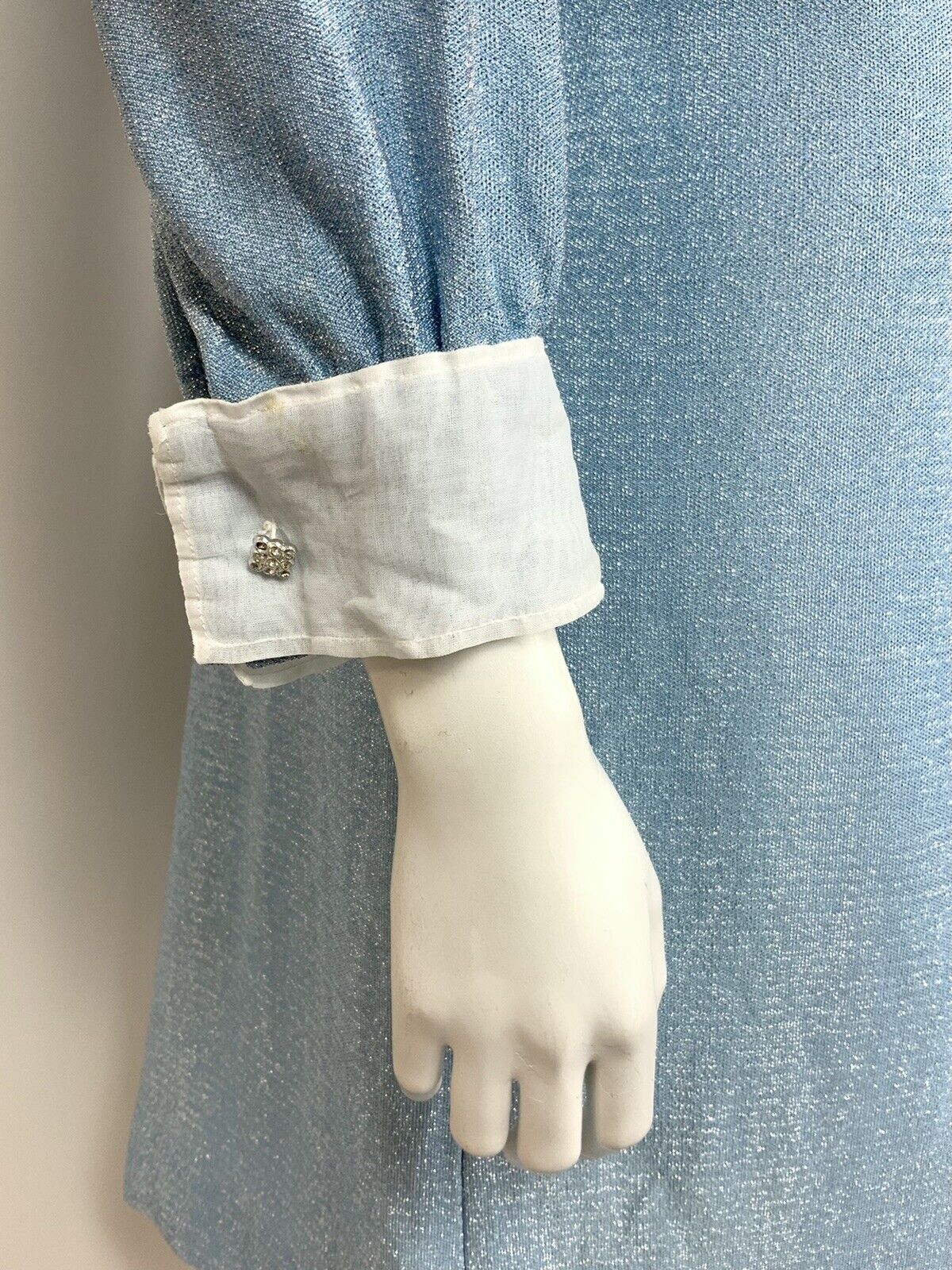 VTG MOD 60s 70s BABY BLUE SILVER LUREX BERMUDA COLLAR DIAMANTE SHIRT DRESS 10 12