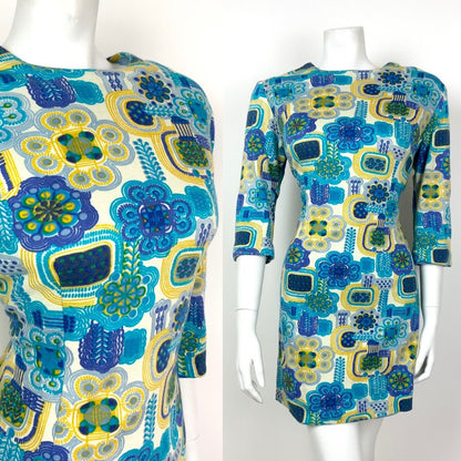 VINTAGE 60s 70s WHITE BLUE YELLOW GREEN FLORAL GEOMETRIC PSYCHEDLIC DRESS 16