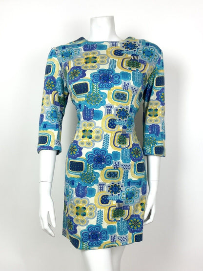 VINTAGE 60s 70s WHITE BLUE YELLOW GREEN FLORAL GEOMETRIC PSYCHEDLIC DRESS 16