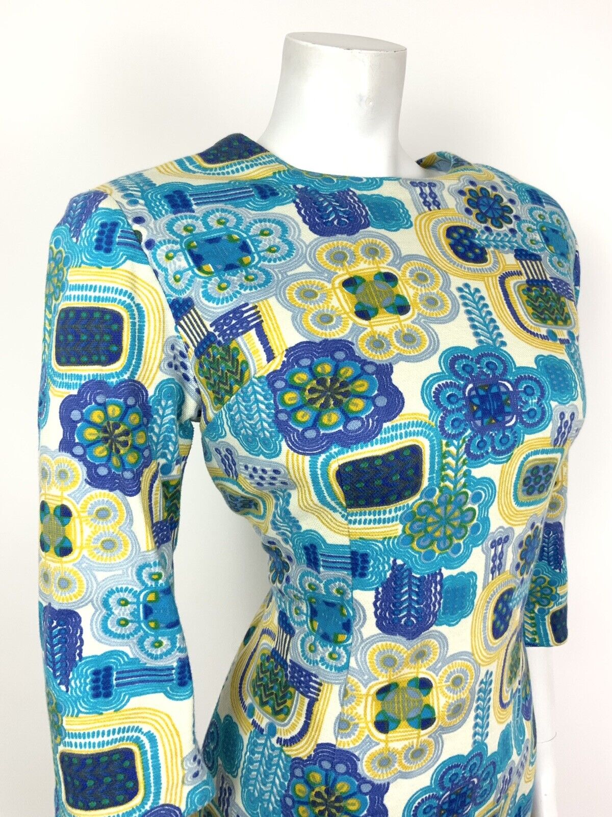 VINTAGE 60s 70s WHITE BLUE YELLOW GREEN FLORAL GEOMETRIC PSYCHEDLIC DRESS 16