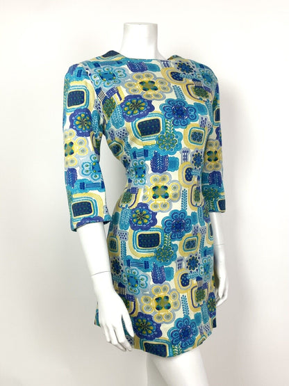 VINTAGE 60s 70s WHITE BLUE YELLOW GREEN FLORAL GEOMETRIC PSYCHEDLIC DRESS 16