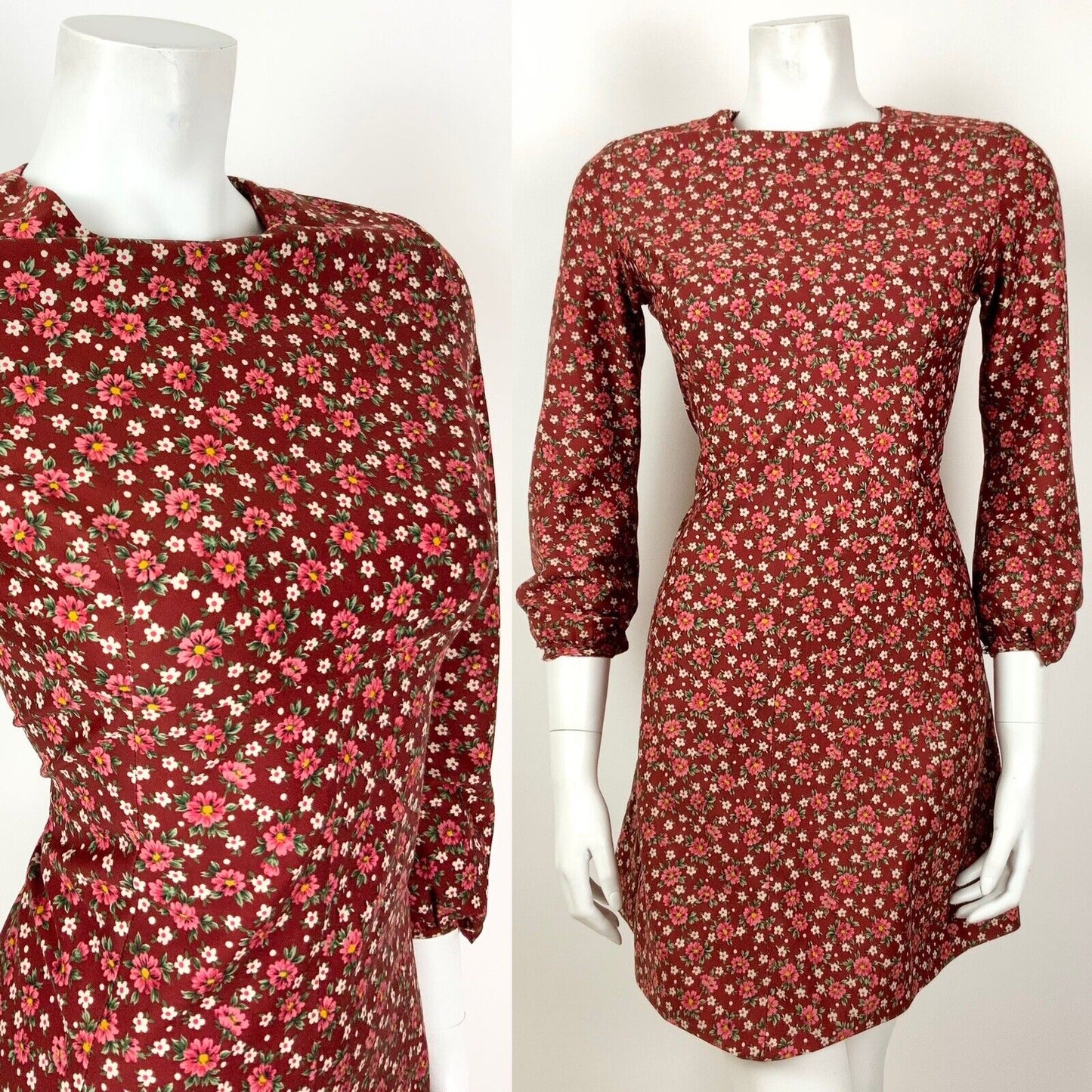 VINTAGE 60s 70s RED PINK GREEN WHITE FLORAL DITSY DOTTY EMPIRE LINE DRESS 8