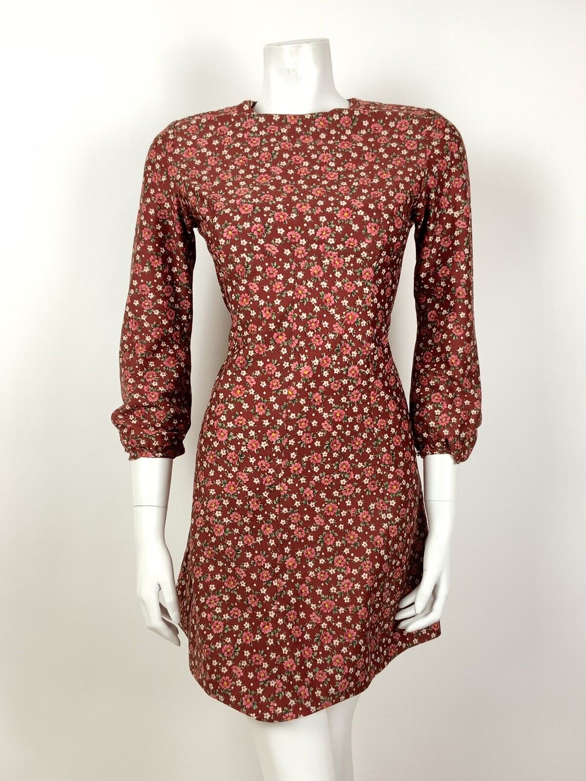VINTAGE 60s 70s RED PINK GREEN WHITE FLORAL DITSY DOTTY EMPIRE LINE DRESS 8