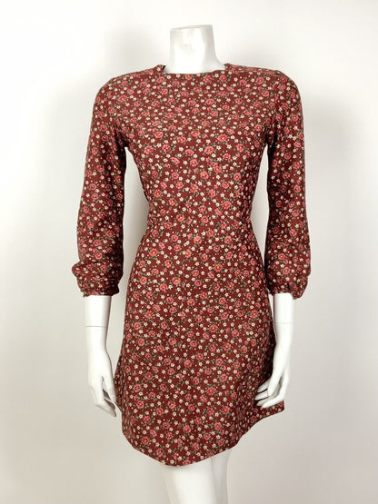 VINTAGE 60s 70s RED PINK GREEN WHITE FLORAL DITSY DOTTY EMPIRE LINE DRESS 8