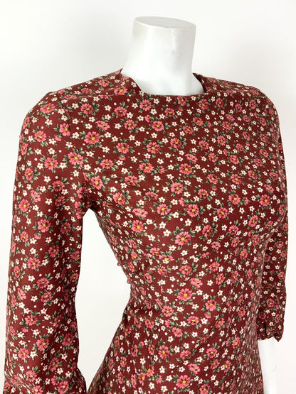 VINTAGE 60s 70s RED PINK GREEN WHITE FLORAL DITSY DOTTY EMPIRE LINE DRESS 8