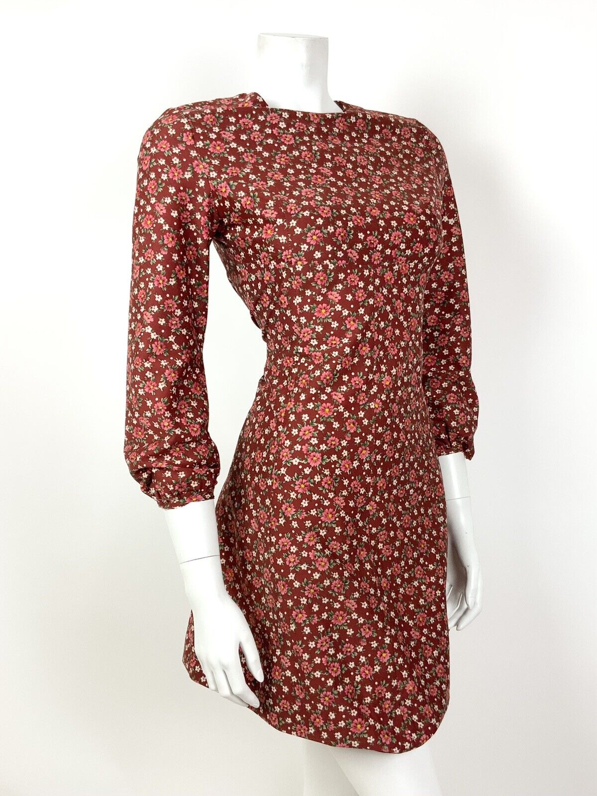 VINTAGE 60s 70s RED PINK GREEN WHITE FLORAL DITSY DOTTY EMPIRE LINE DRESS 8
