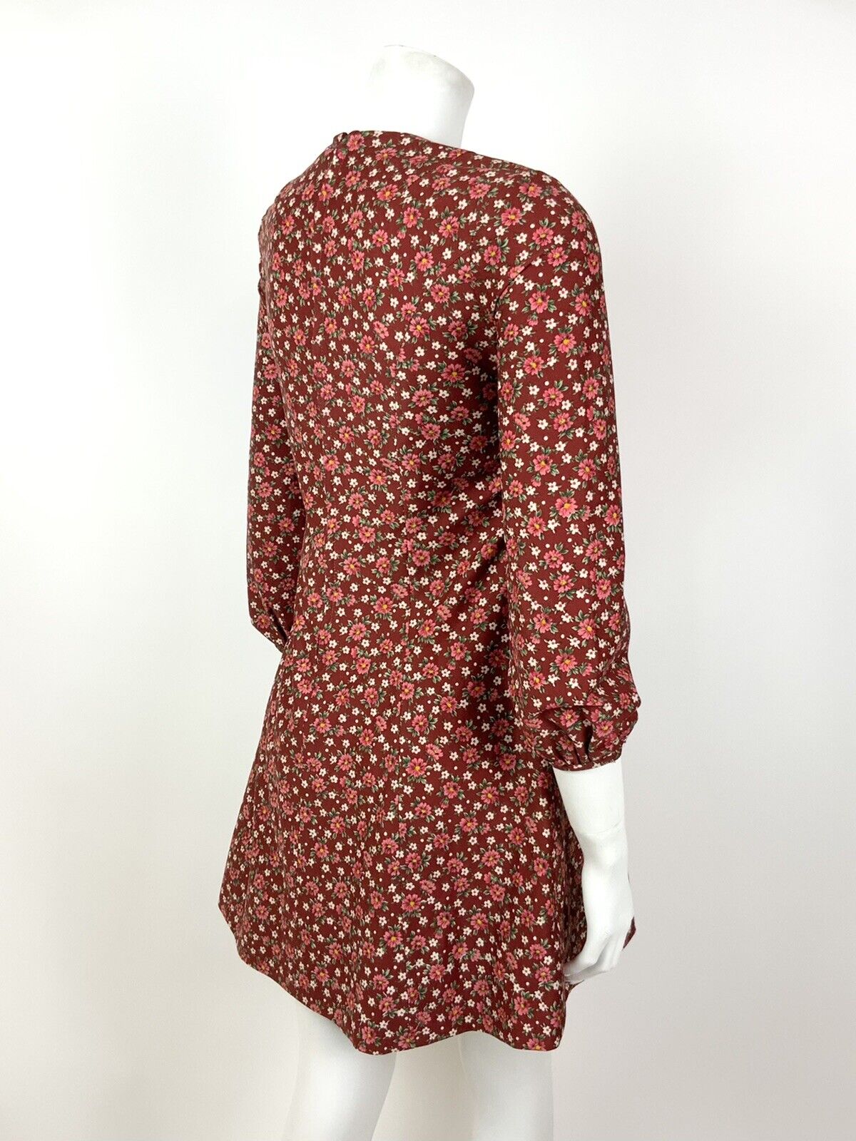 VINTAGE 60s 70s RED PINK GREEN WHITE FLORAL DITSY DOTTY EMPIRE LINE DRESS 8