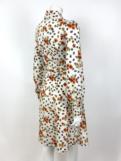 VINTAGE 60s 70s WHITE ORANGE GREEN FLORAL BEETLE DAGGER SHIRT DRESS 14 16