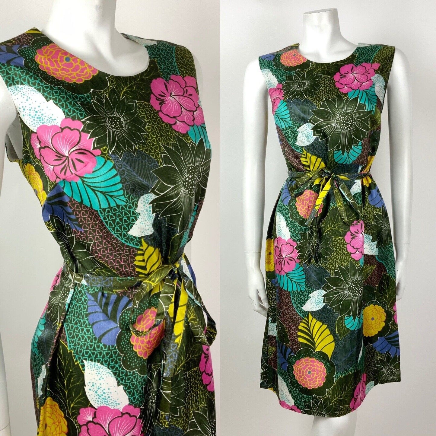 VINTAGE 60s 70s GREEN PINK YELLOW WHITE FLORAL PSYCHEDELIC BELTED DRESS 12 14