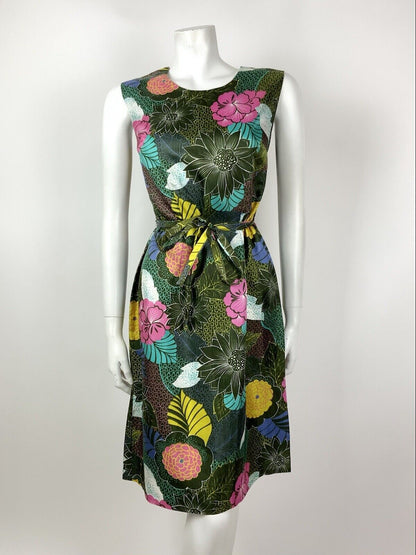 VINTAGE 60s 70s GREEN PINK YELLOW WHITE FLORAL PSYCHEDELIC BELTED DRESS 12 14