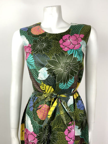 VINTAGE 60s 70s GREEN PINK YELLOW WHITE FLORAL PSYCHEDELIC BELTED DRESS 12 14