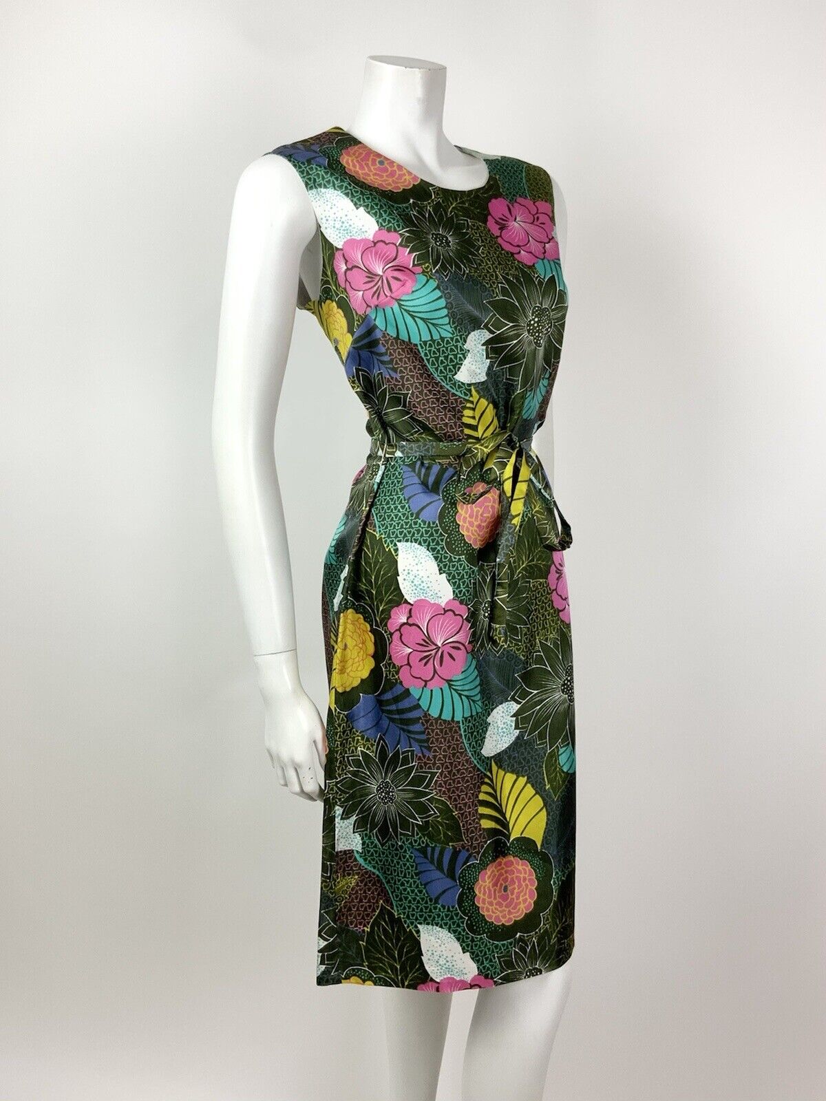 VINTAGE 60s 70s GREEN PINK YELLOW WHITE FLORAL PSYCHEDELIC BELTED DRESS 12 14