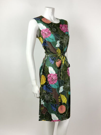 VINTAGE 60s 70s GREEN PINK YELLOW WHITE FLORAL PSYCHEDELIC BELTED DRESS 12 14