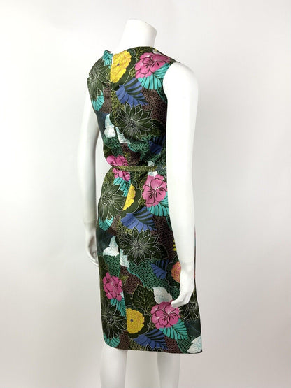 VINTAGE 60s 70s GREEN PINK YELLOW WHITE FLORAL PSYCHEDELIC BELTED DRESS 12 14