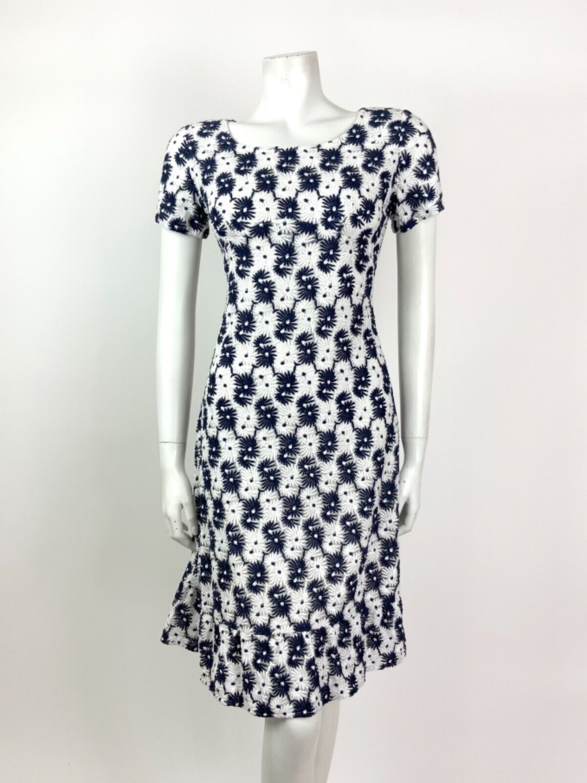 VINTAGE 60s 70s NAVY BLUE WHITE DAISY FLORAL EMBROIDERED MOD DRESS 10