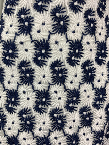 VINTAGE 60s 70s NAVY BLUE WHITE DAISY FLORAL EMBROIDERED MOD DRESS 10