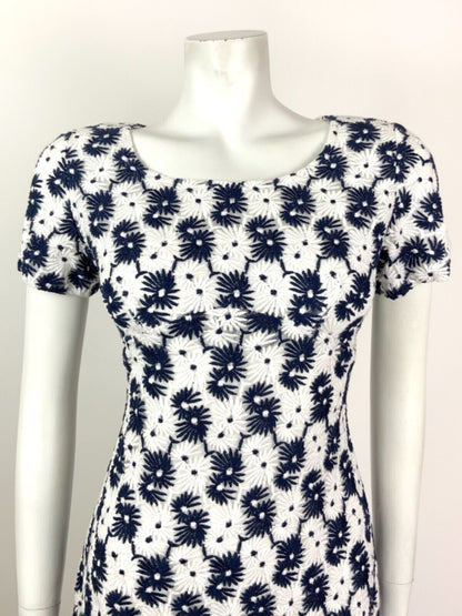 VINTAGE 60s 70s NAVY BLUE WHITE DAISY FLORAL EMBROIDERED MOD DRESS 10
