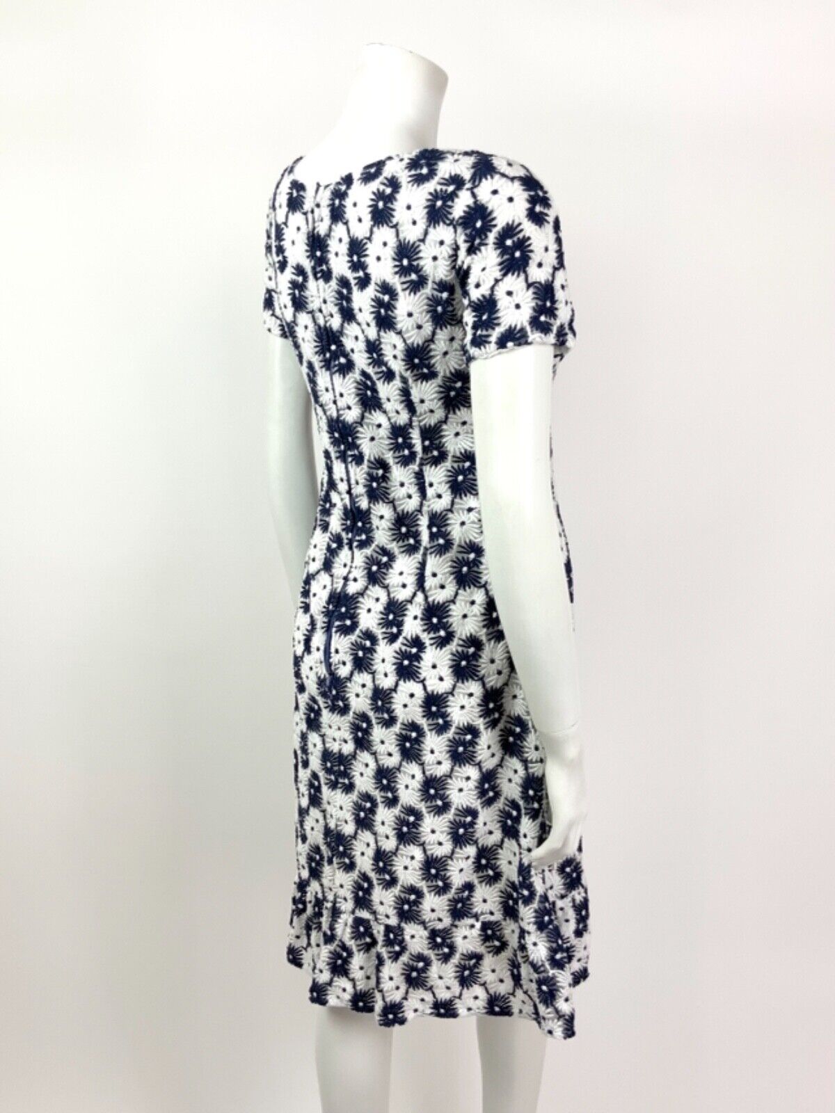 VINTAGE 60s 70s NAVY BLUE WHITE DAISY FLORAL EMBROIDERED MOD DRESS 10