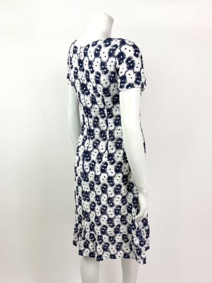 VINTAGE 60s 70s NAVY BLUE WHITE DAISY FLORAL EMBROIDERED MOD DRESS 10