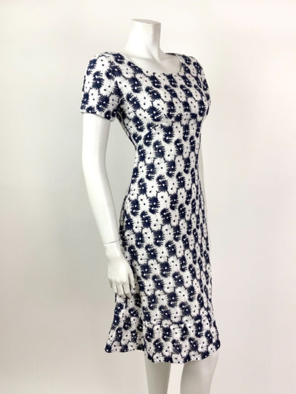 VINTAGE 60s 70s NAVY BLUE WHITE DAISY FLORAL EMBROIDERED MOD DRESS 10