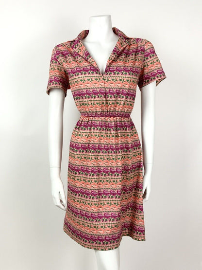 VINTAGE 60s 70s PINK ORANGE GREEN FLORAL STRIPED V-NECK SHIRT DRESS 12 14