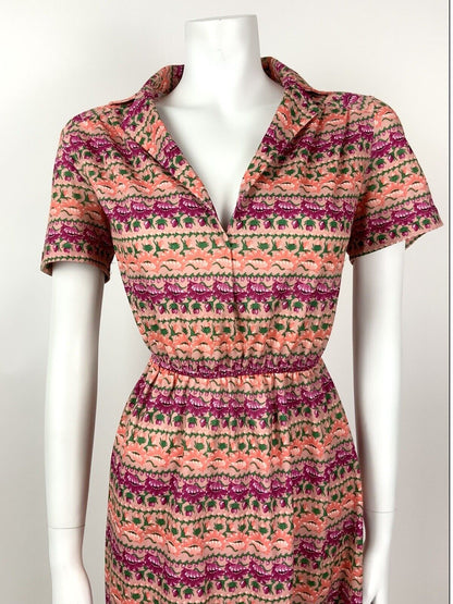 VINTAGE 60s 70s PINK ORANGE GREEN FLORAL STRIPED V-NECK SHIRT DRESS 12 14