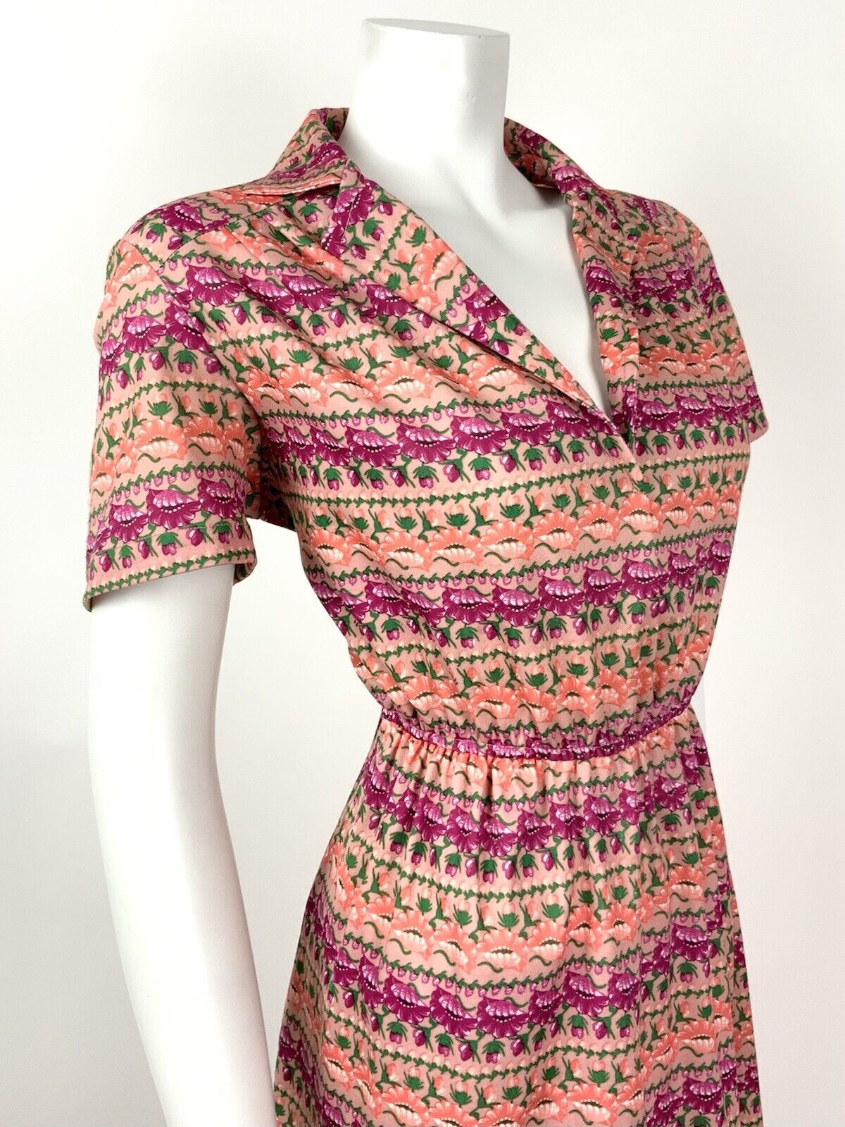 VINTAGE 60s 70s PINK ORANGE GREEN FLORAL STRIPED V-NECK SHIRT DRESS 12 14