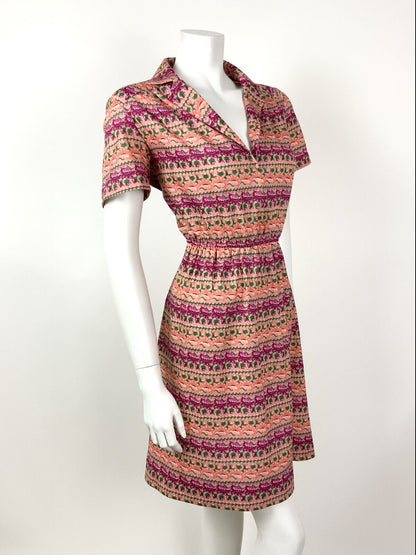 VINTAGE 60s 70s PINK ORANGE GREEN FLORAL STRIPED V-NECK SHIRT DRESS 12 14