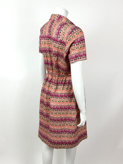 VINTAGE 60s 70s PINK ORANGE GREEN FLORAL STRIPED V-NECK SHIRT DRESS 12 14