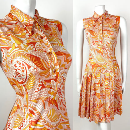 VINTAGE 60s 70s ORANGE YELLOW WHITE PSYCHEDELIC FLORAL DAGGER SHIRT DRESS 10