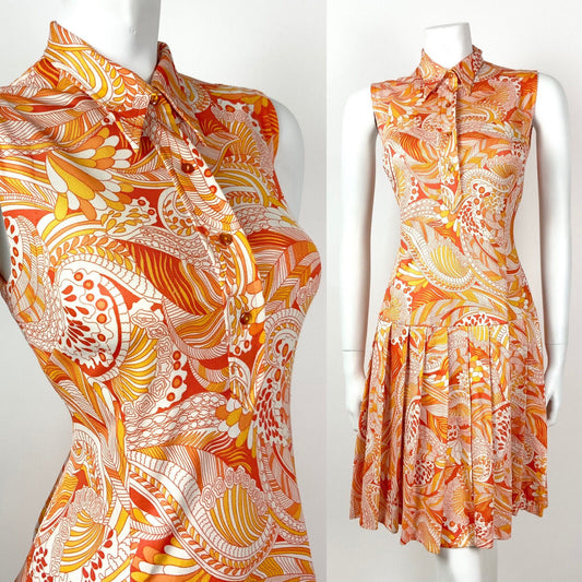 VINTAGE 60s 70s ORANGE YELLOW WHITE PSYCHEDELIC FLORAL DAGGER SHIRT DRESS 10