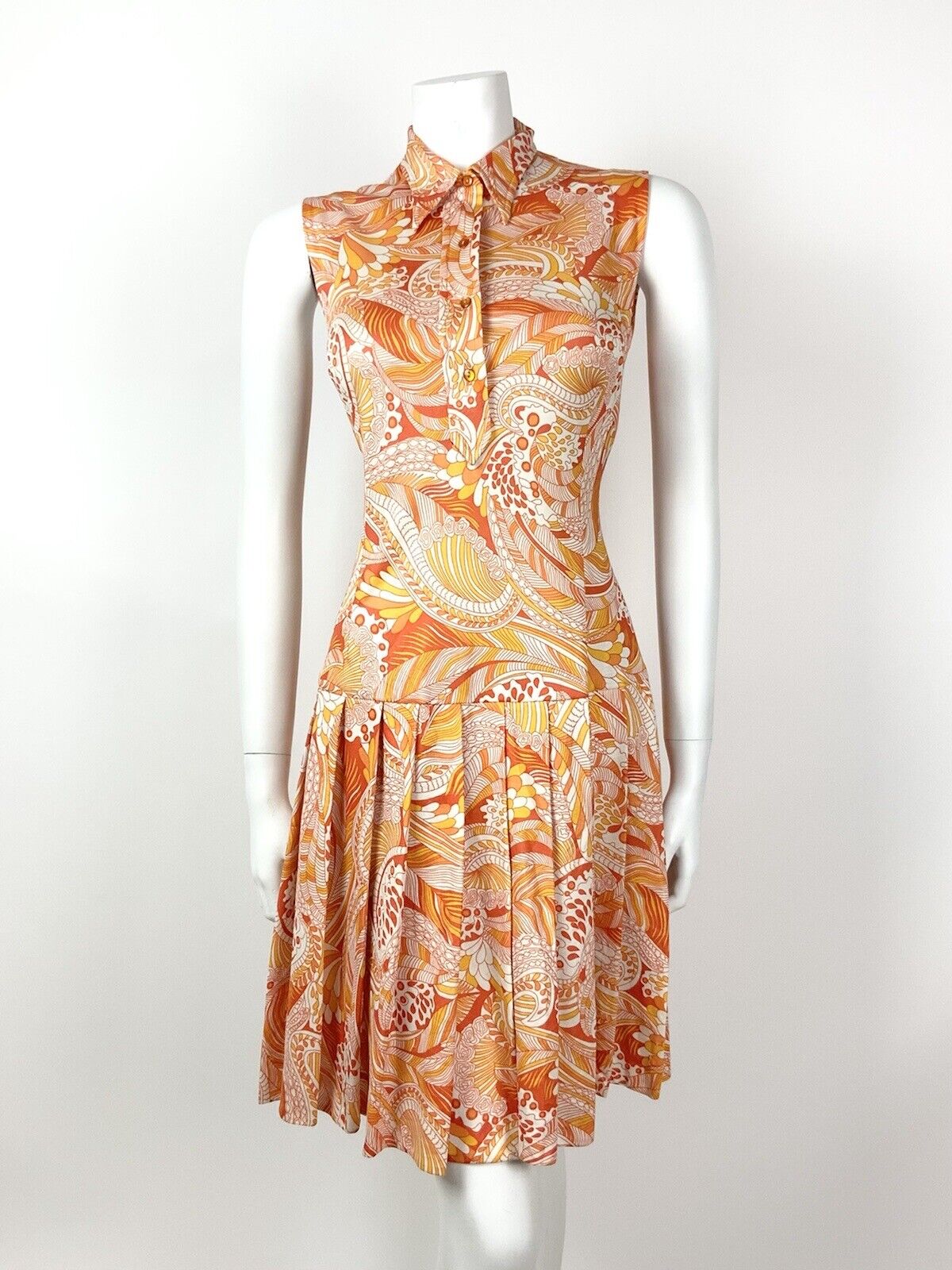 VINTAGE 60s 70s ORANGE YELLOW WHITE PSYCHEDELIC FLORAL DAGGER SHIRT DRESS 10