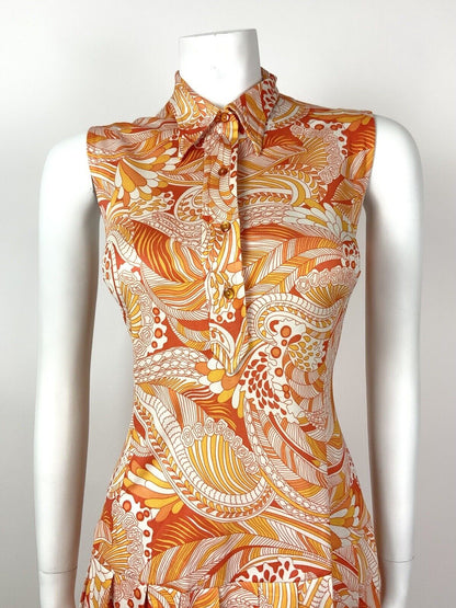 VINTAGE 60s 70s ORANGE YELLOW WHITE PSYCHEDELIC FLORAL DAGGER SHIRT DRESS 10