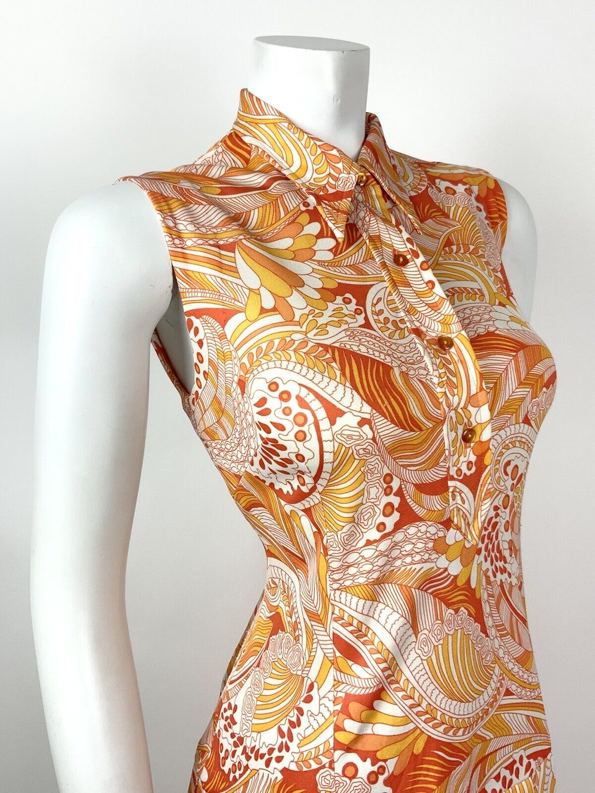 VINTAGE 60s 70s ORANGE YELLOW WHITE PSYCHEDELIC FLORAL DAGGER SHIRT DRESS 10