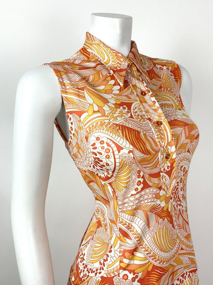 VINTAGE 60s 70s ORANGE YELLOW WHITE PSYCHEDELIC FLORAL DAGGER SHIRT DRESS 10