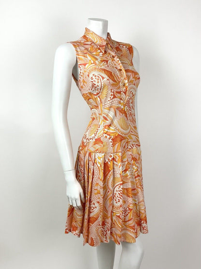 VINTAGE 60s 70s ORANGE YELLOW WHITE PSYCHEDELIC FLORAL DAGGER SHIRT DRESS 10
