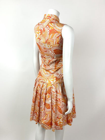 VINTAGE 60s 70s ORANGE YELLOW WHITE PSYCHEDELIC FLORAL DAGGER SHIRT DRESS 10