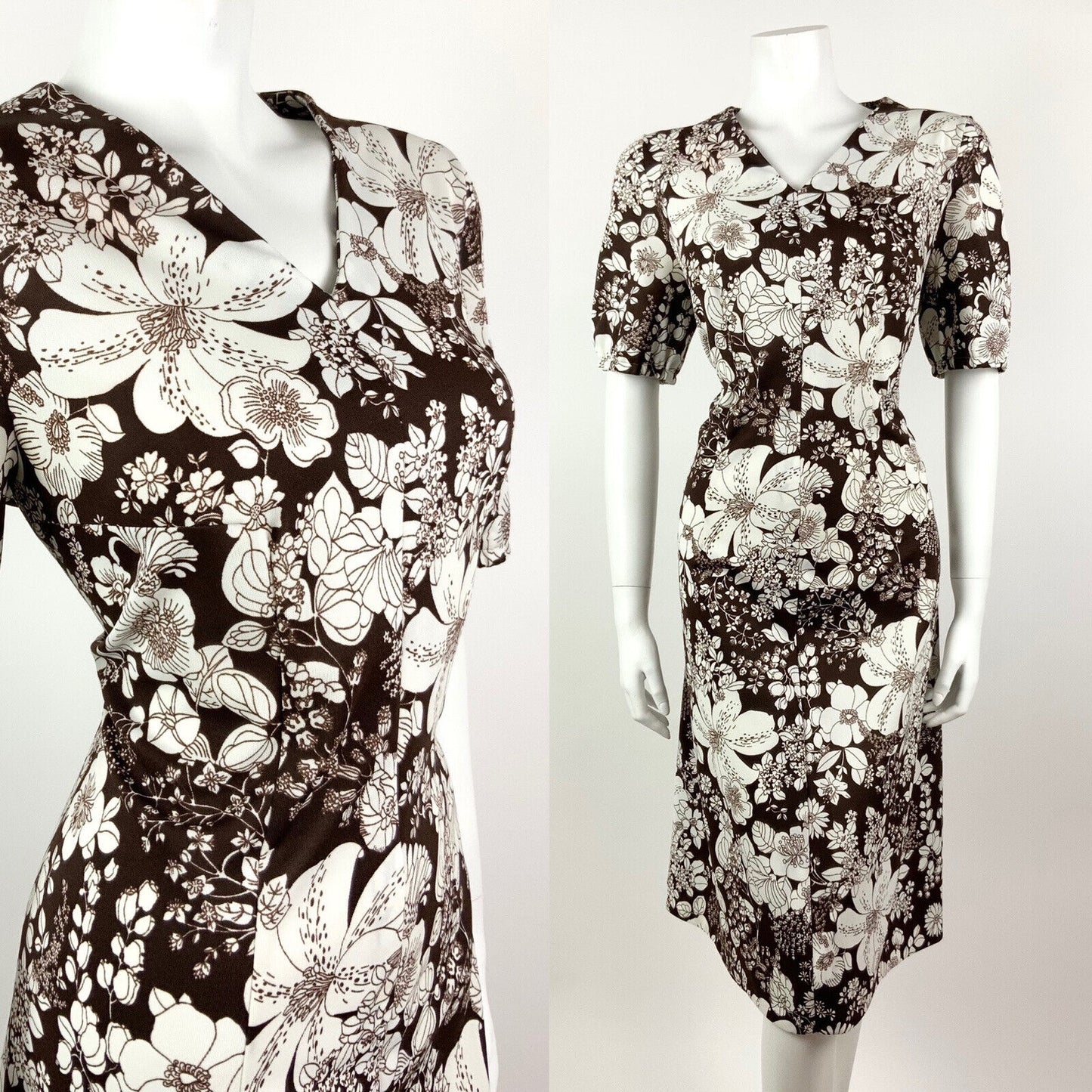 VINTAGE 60s 70s DEEP BROWN WHITE FLORAL BOTANICAL SUMMER DRESS 16 18