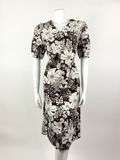 VINTAGE 60s 70s DEEP BROWN WHITE FLORAL BOTANICAL SUMMER DRESS 16 18