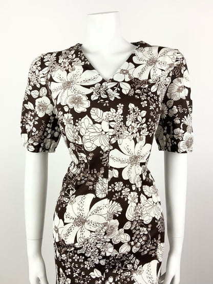 VINTAGE 60s 70s DEEP BROWN WHITE FLORAL BOTANICAL SUMMER DRESS 16 18