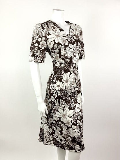 VINTAGE 60s 70s DEEP BROWN WHITE FLORAL BOTANICAL SUMMER DRESS 16 18