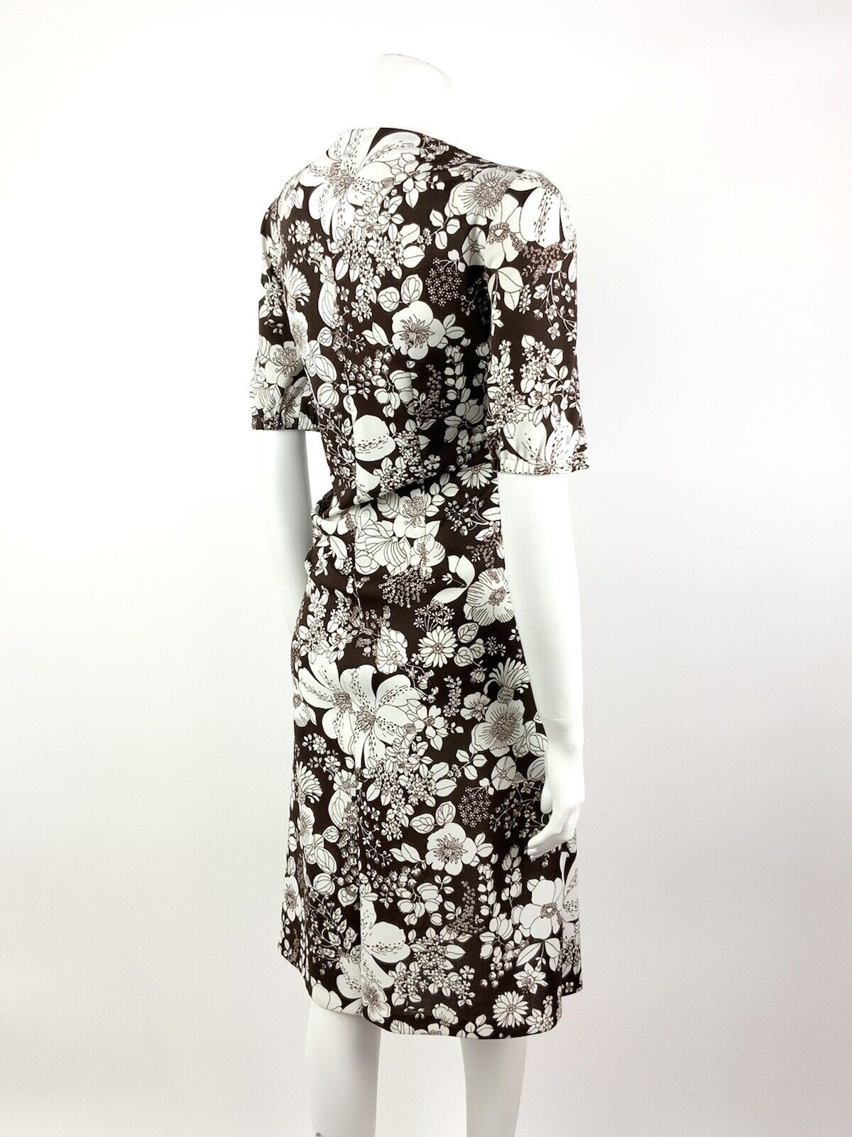 VINTAGE 60s 70s DEEP BROWN WHITE FLORAL BOTANICAL SUMMER DRESS 16 18